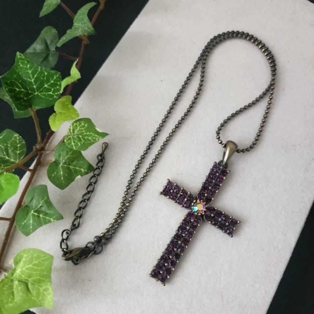 Brass Purple Crystal Cross Pendant on 18